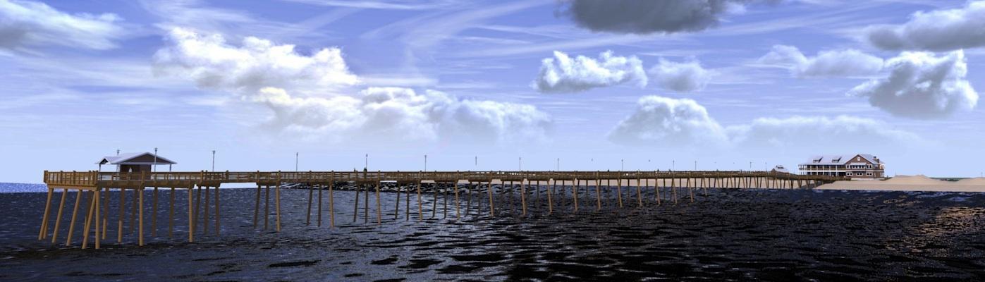 Ocean Center pier and pier house as seen from offshore (3D 23-May-13)